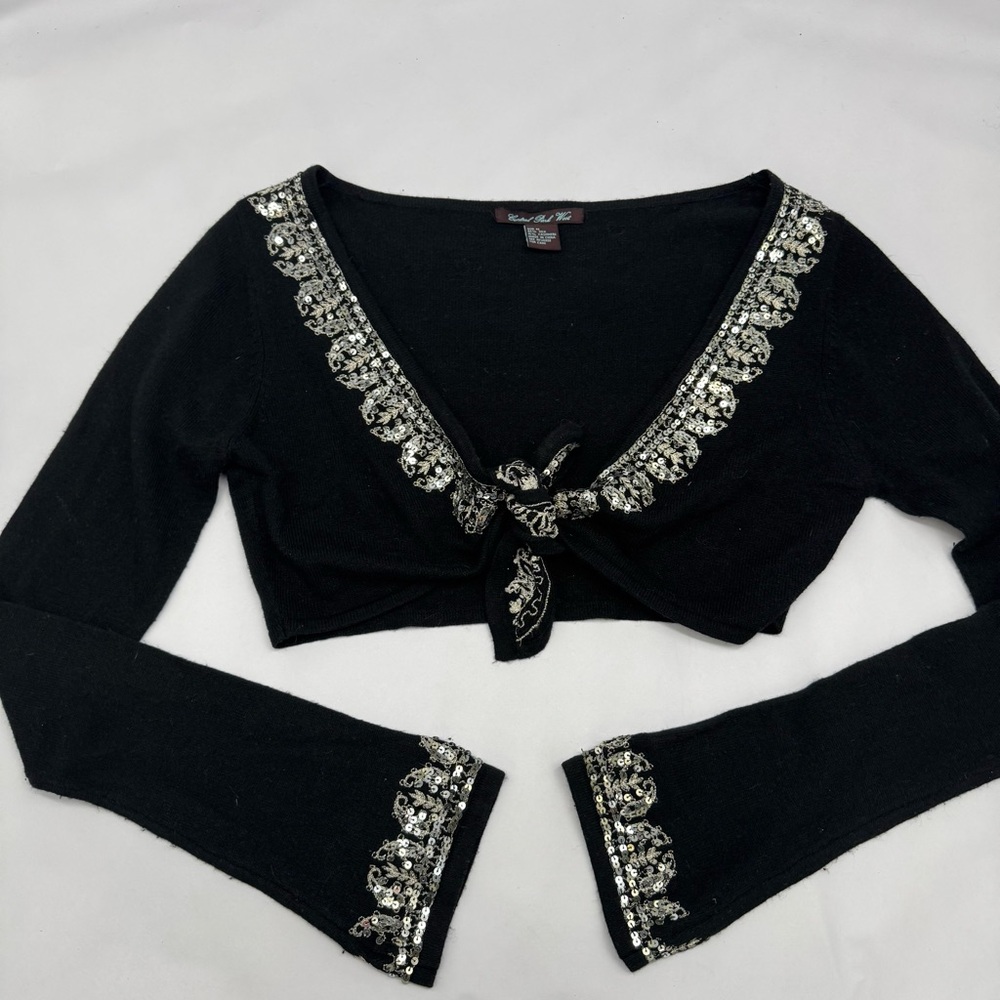 Central Park West Black Crop Tie Front cardigan Embellished silver Details
